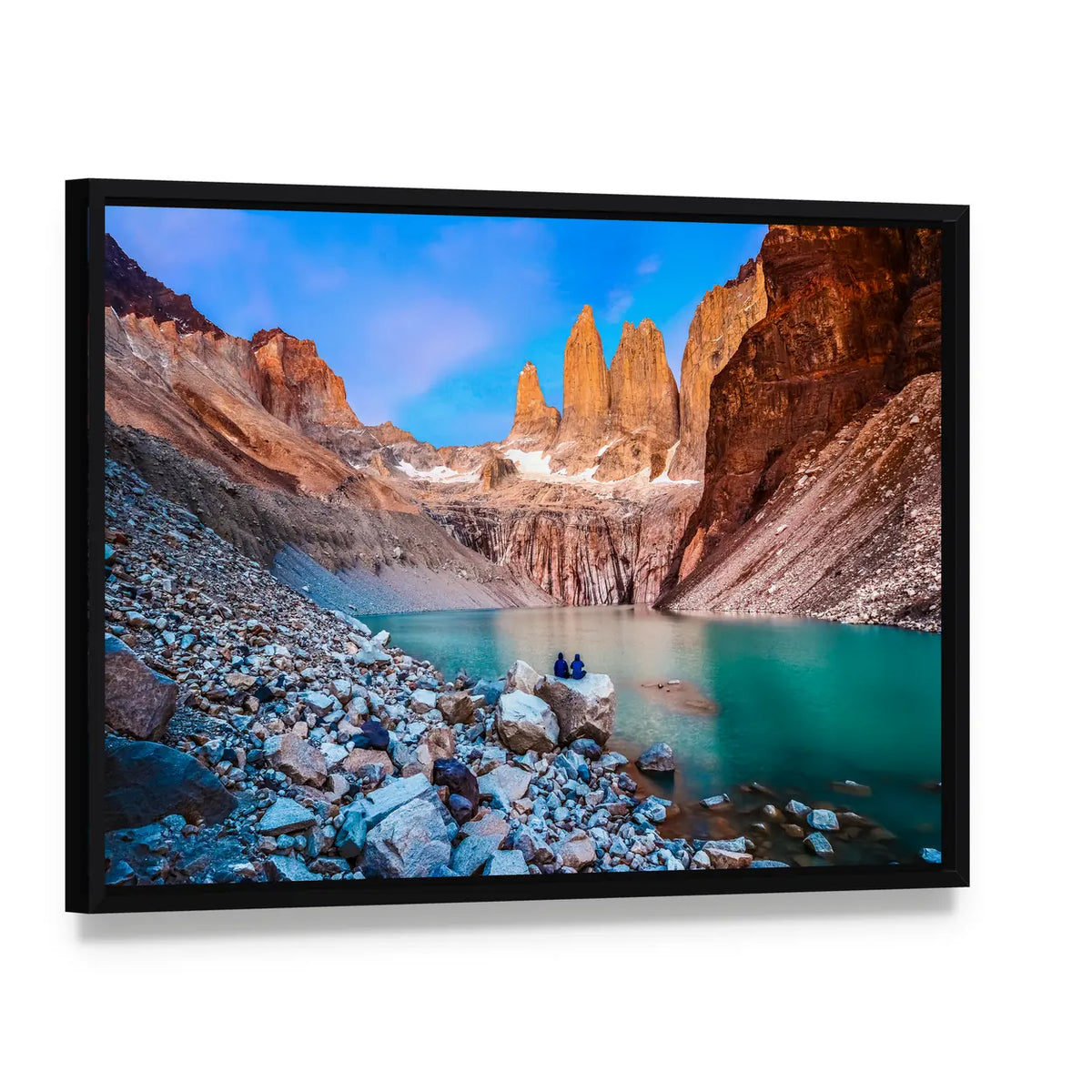 Torres Del Paine Turquoise Lake Canvas Wall Art, framed canvas in a black floater frame, angled product view