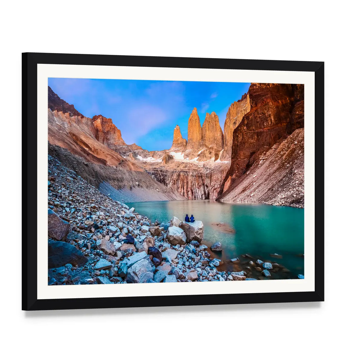 Torres Del Paine Turquoise Lake Canvas Wall Art, framed print with white mat and black frame, angled product view