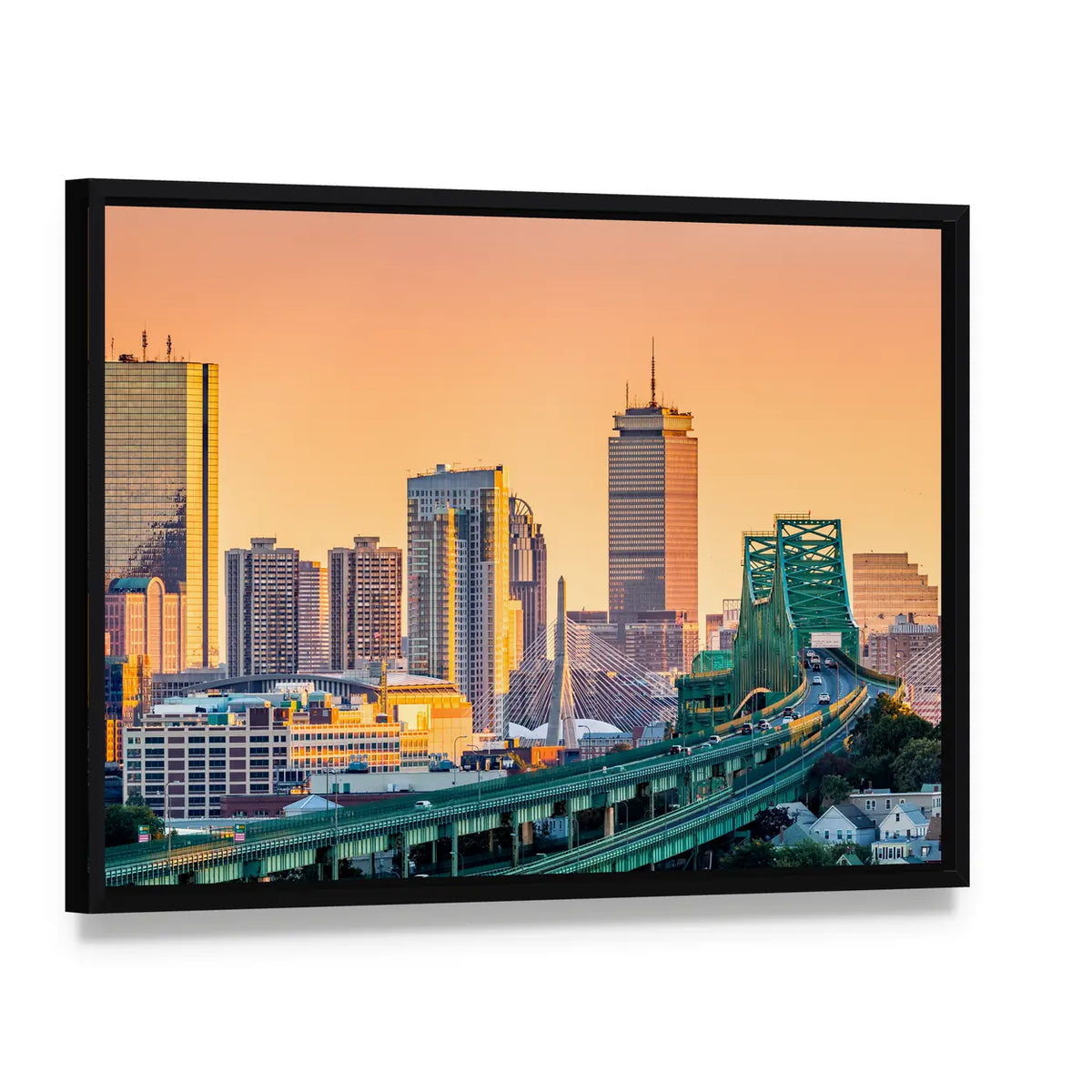 Tobin Bridge and Boston Skyline Canvas Wall Art, framed canvas in a black floater frame, angled product view