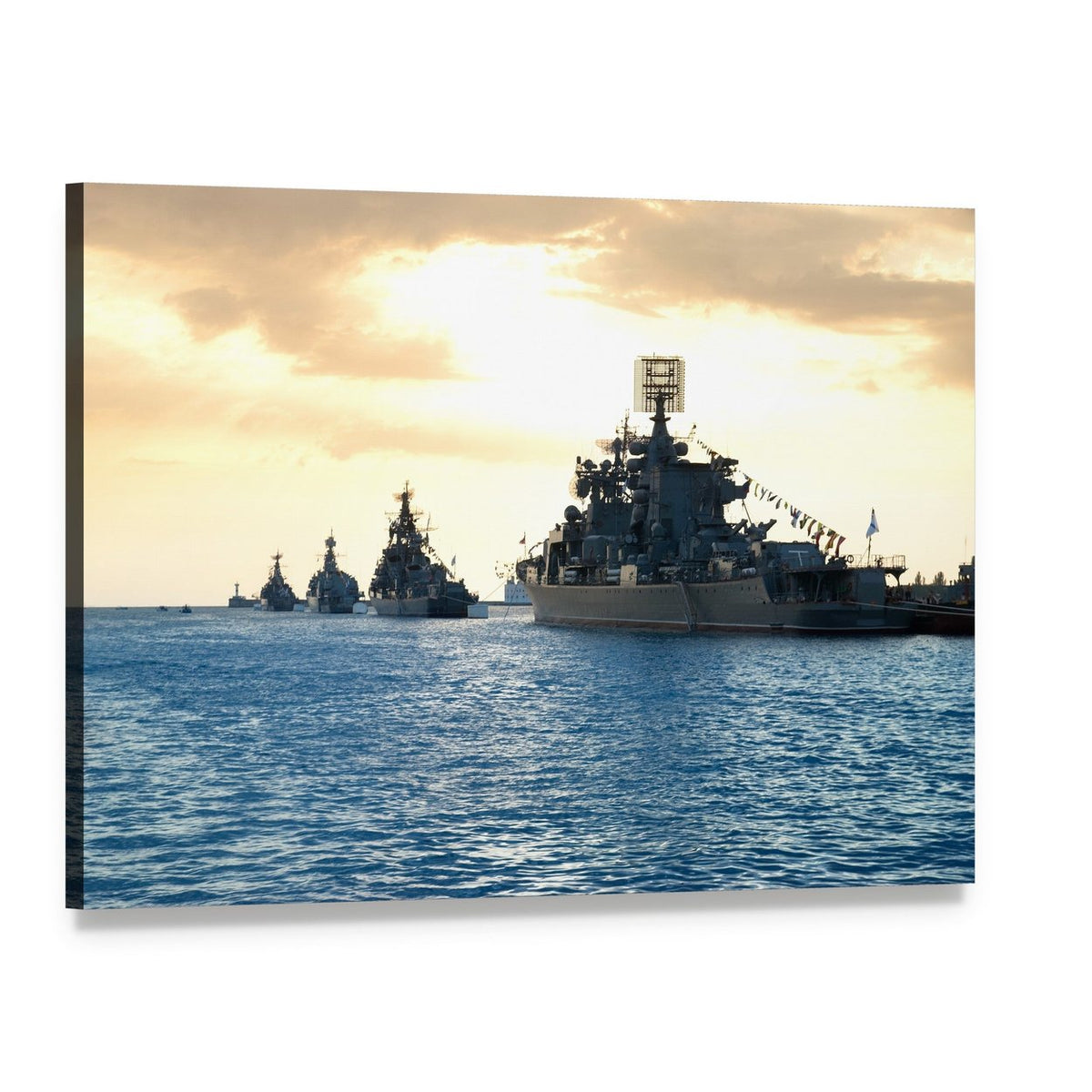 Warship Fleet at Sunset Canvas Wall Art, single panel gallery wrapped canvas, angled product view