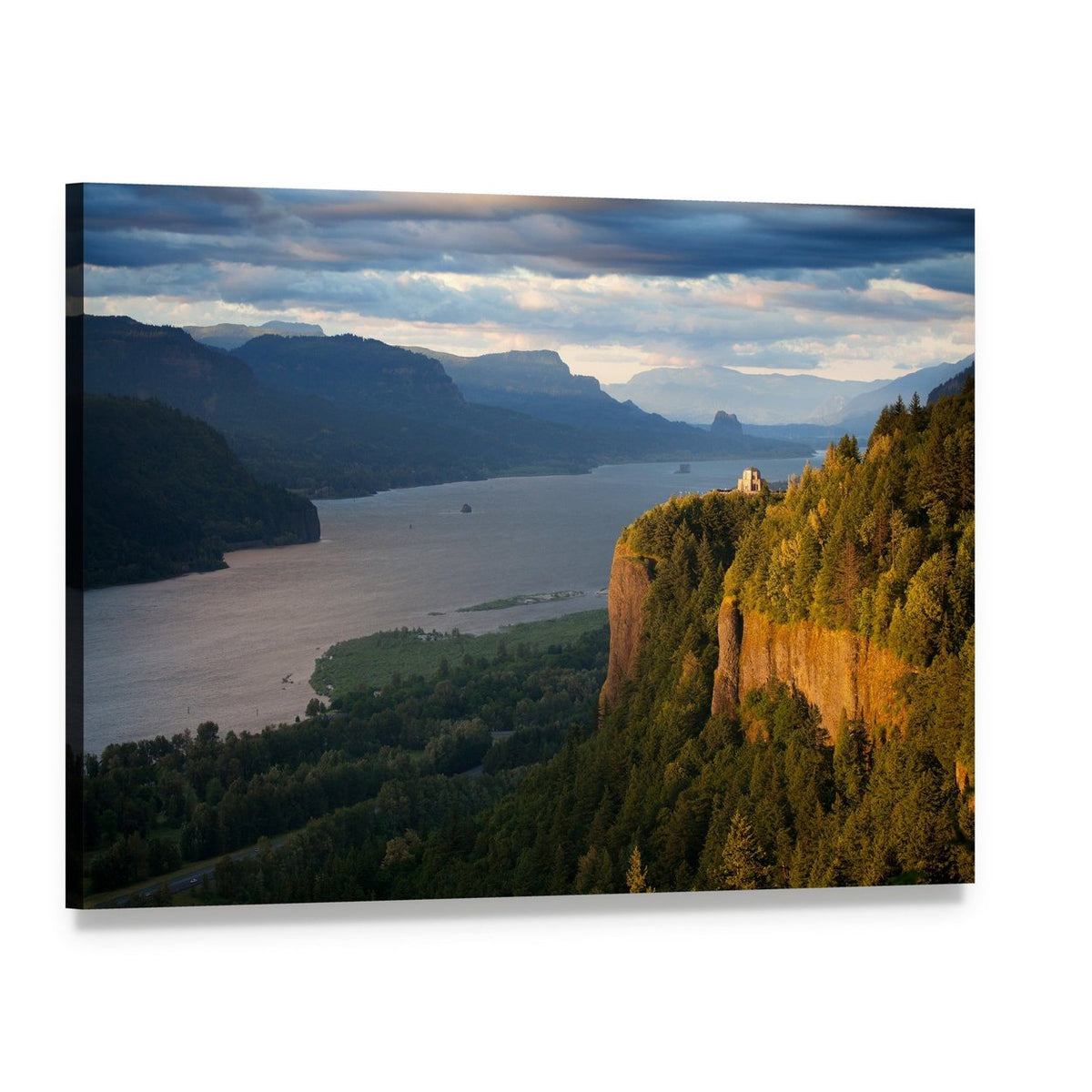 Cliffside River Gorge with Small White House Canvas Wall Art, single panel gallery wrapped canvas, angled product view