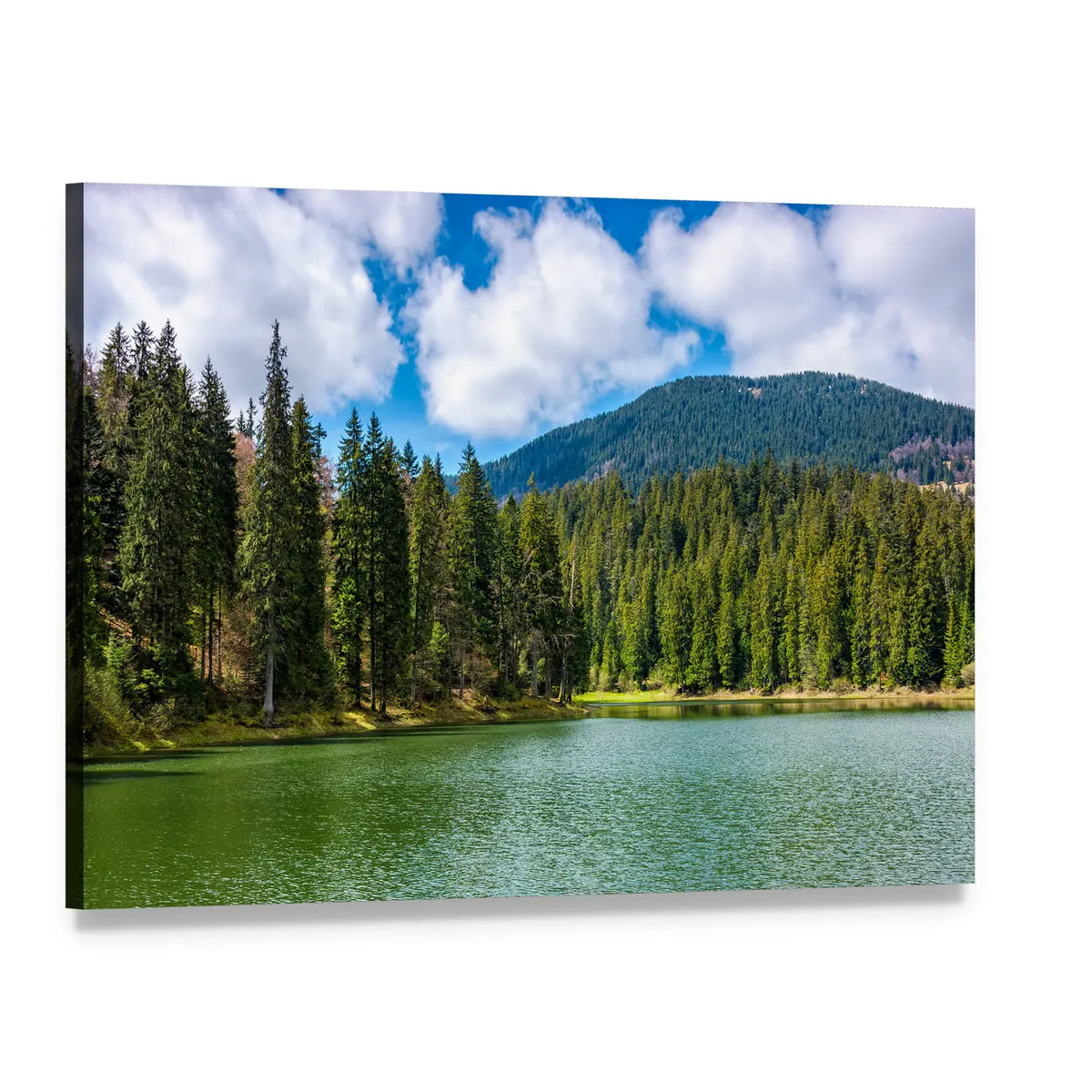 Alpine Lake with Pine Reflection Canvas Wall Art, single panel gallery wrapped canvas, angled product view