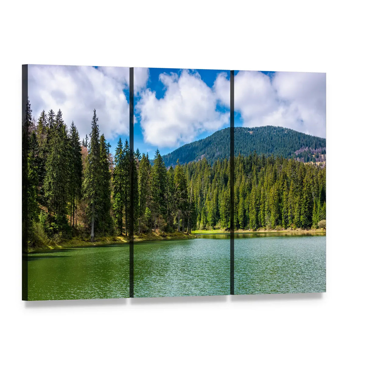 Mountain Lake in Evergreen Forest Canvas Wall Art, 3 panel 3 Horizontal layout gallery wrapped canvas set, angled product view