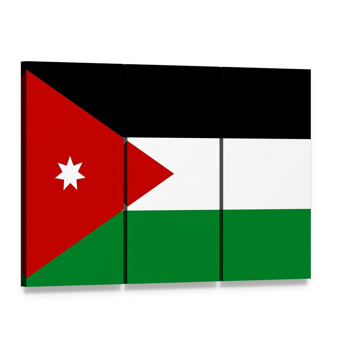 Jordanian Flag with Seven-pointed Star Canvas Wall Art, 3 panel 3 Horizontal layout gallery wrapped canvas set, angled product view