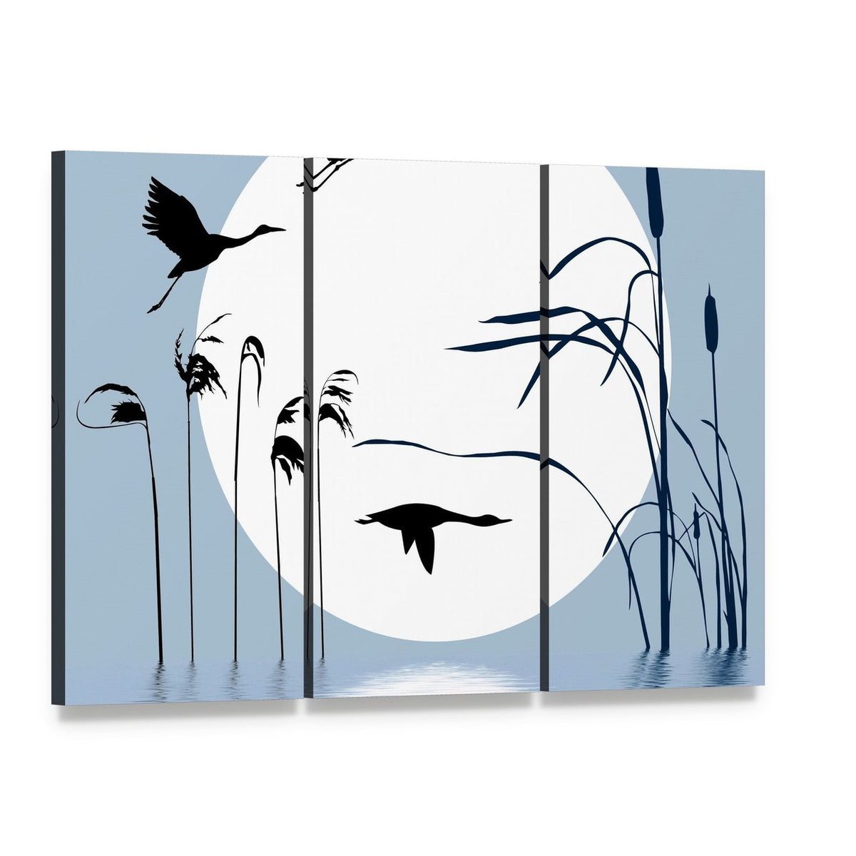 Three Flying Birds Silhouette with Moon Canvas Wall Art, 3 panel 3 Horizontal layout gallery wrapped canvas set, angled product view