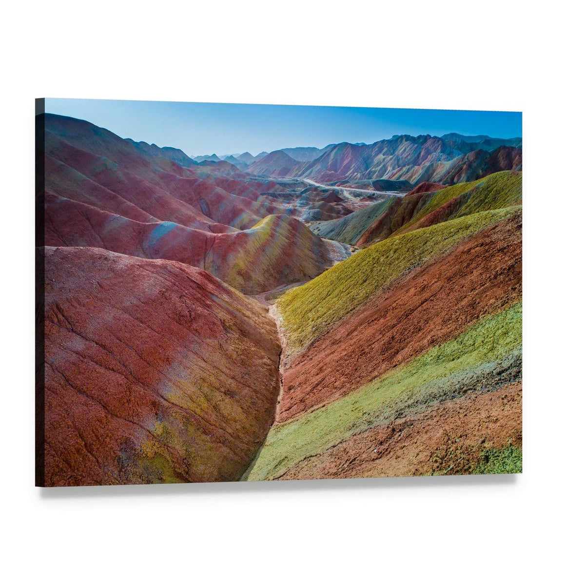 Vibrant Rainbow Mountains in Daylight Canvas Wall Art, single panel gallery wrapped canvas, angled product view