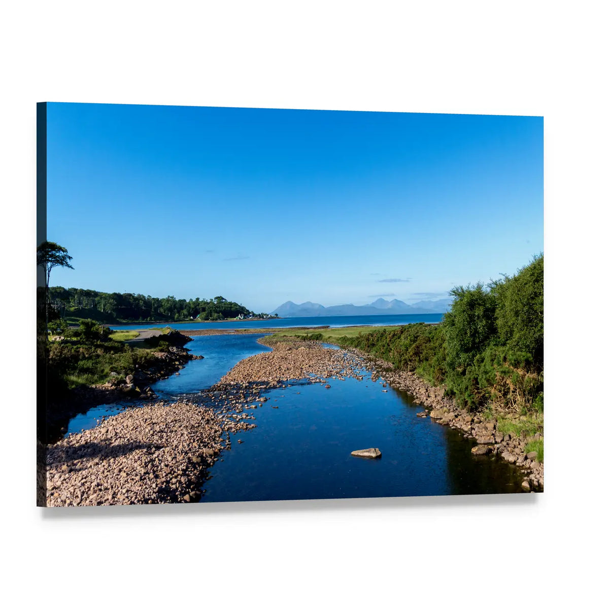Tranquil Lake with Riverbed and Distant Mountains Canvas Wall Art, single panel gallery wrapped canvas, angled product view