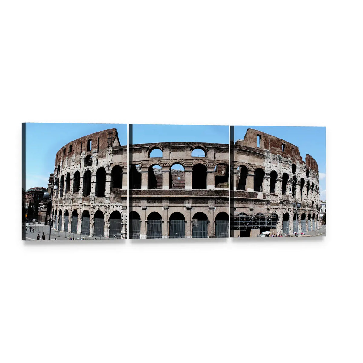 Roman Colosseum in Italy Panoramic Canvas Wall Art, 3 panel 3 Piece layout gallery wrapped canvas set, angled product view