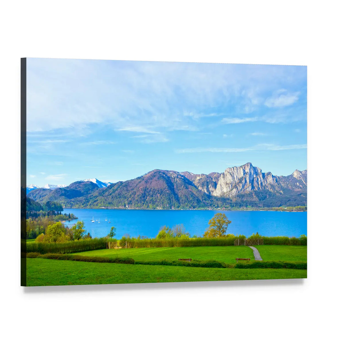 Blue Lake with Snow-capped Mountains Canvas Wall Art, single panel gallery wrapped canvas, angled product view