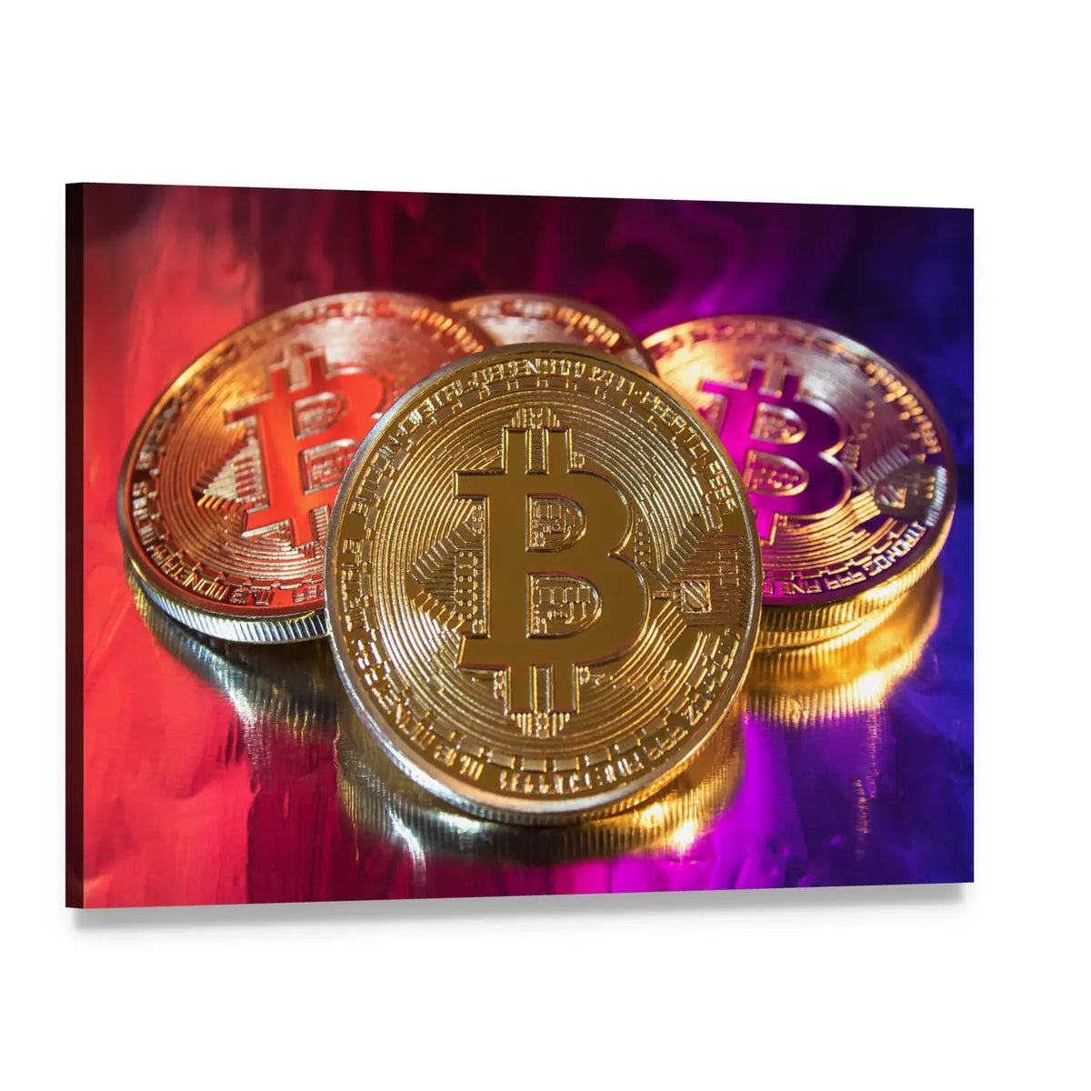 Colorful Bitcoin Coins with Circuitry Patterns Canvas Wall Art, single panel gallery wrapped canvas, angled product view