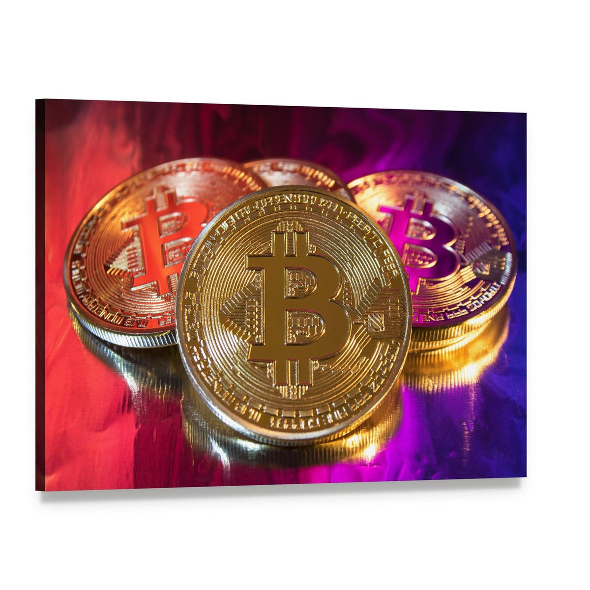 Three Gold-colored Bitcoin Coins Canvas Wall Art, single panel gallery wrapped canvas, angled product view