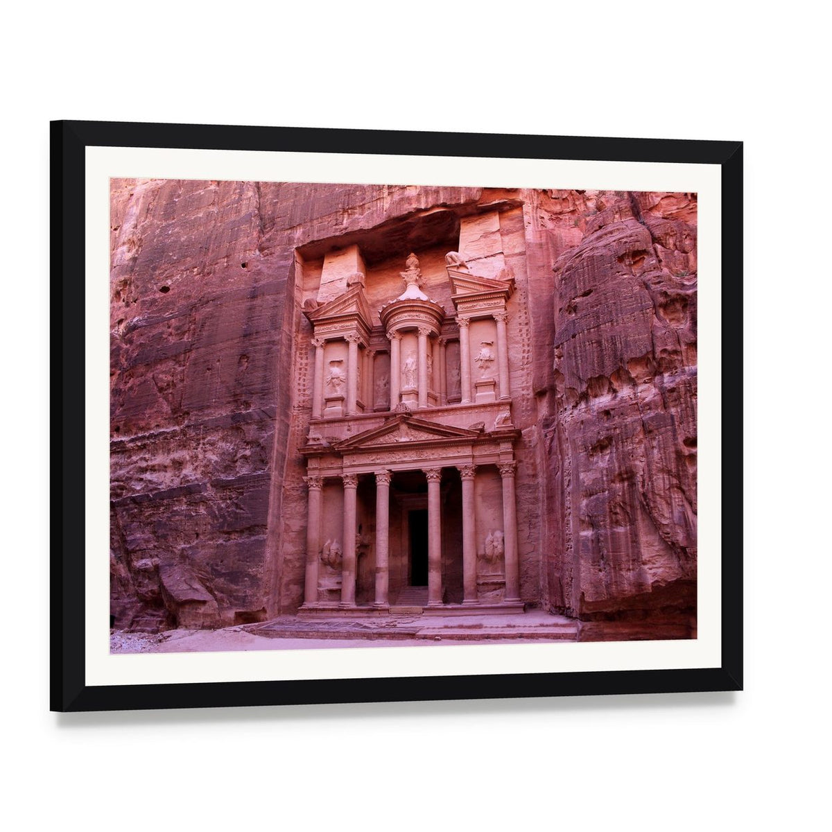 Al-khazneh Treasury in Petra, Jordan Canvas Wall Art, framed print with white mat and black frame, angled product view