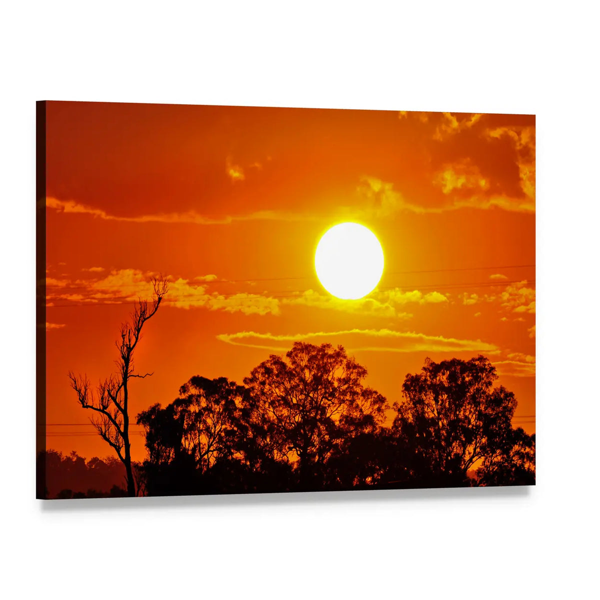 Burning Sun Over Jungle Canvas Wall Art, single panel gallery wrapped canvas, angled product view