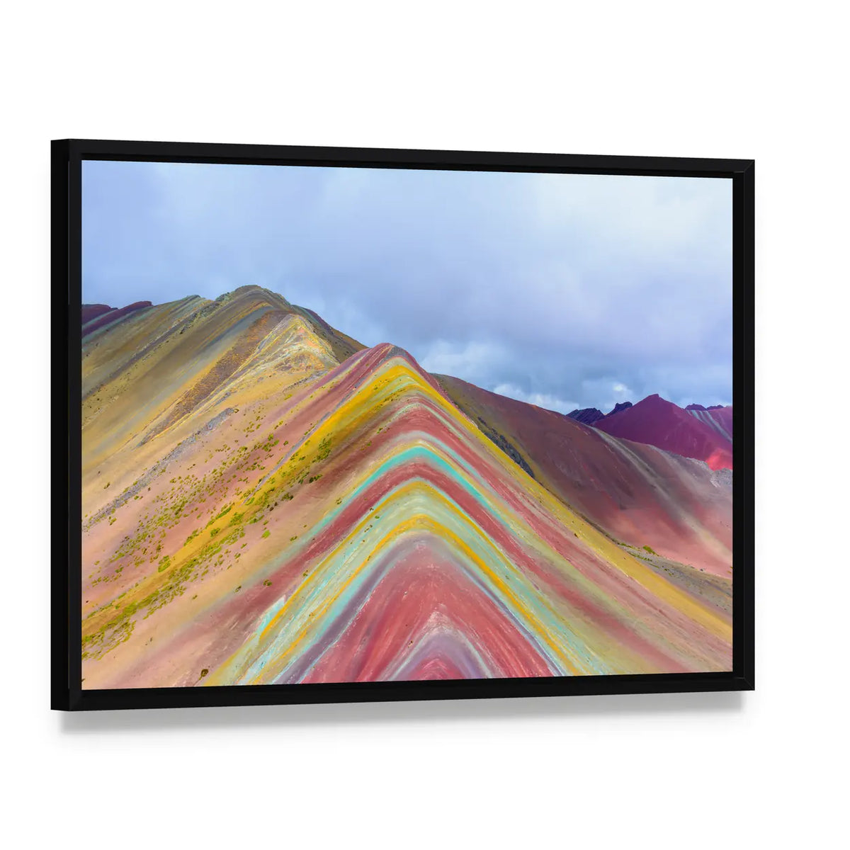 Rainbow Mountains, Peru Canvas Wall Art, framed canvas in a black floater frame, angled product view