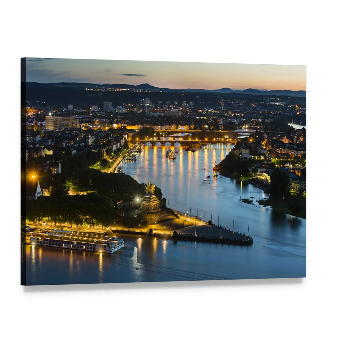 Deutsches Eck Twilight Cityscape Canvas Wall Art, single panel gallery wrapped canvas, angled product view