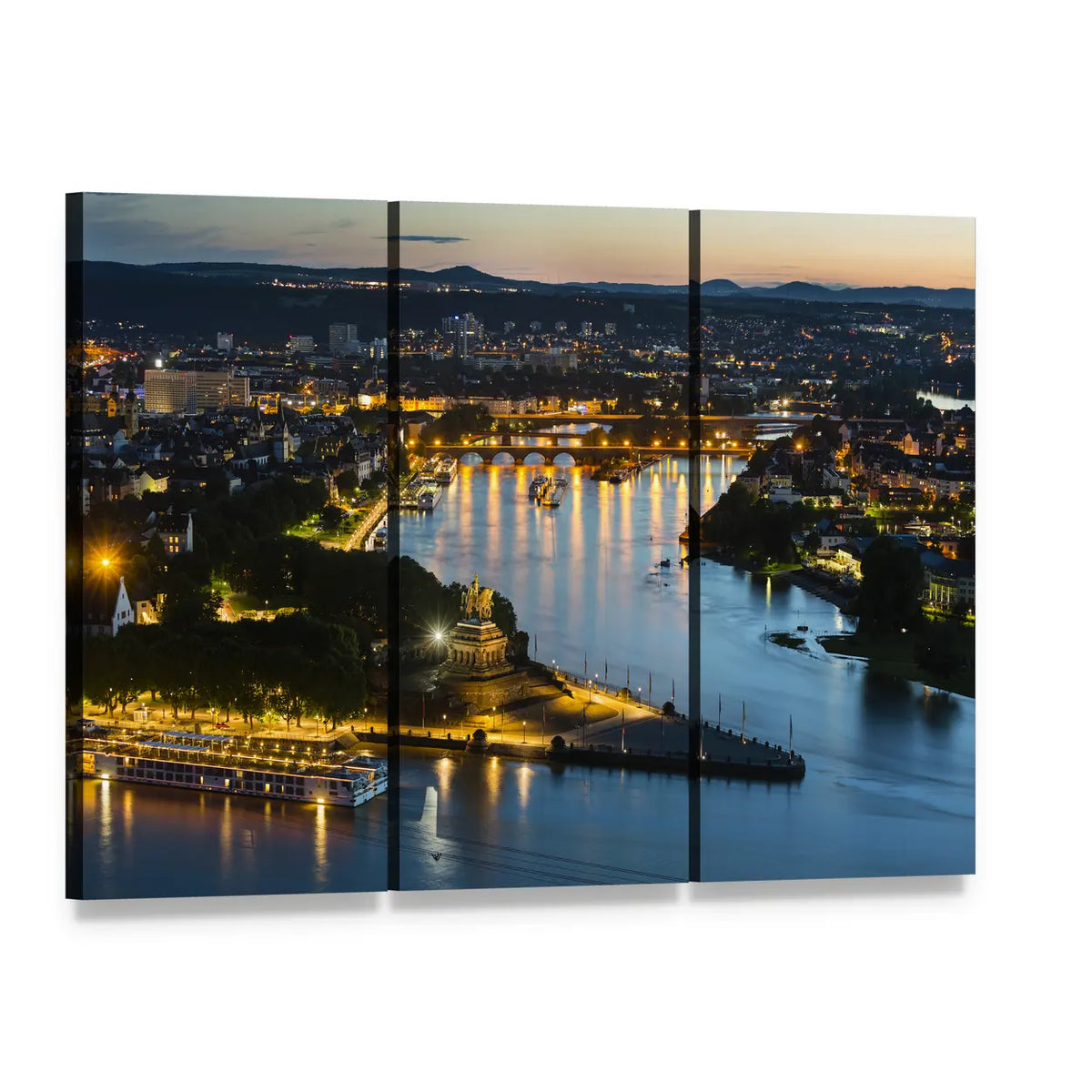 Deutsches Eck Night Skyline Canvas Wall Art, 3 panel 3 Horizontal layout gallery wrapped canvas set, angled product view