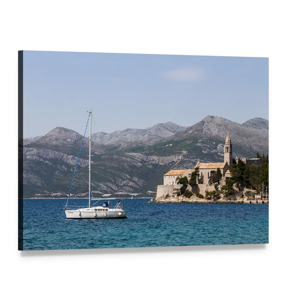 Yacht on Lopud Island Canvas Wall Art, single panel gallery wrapped canvas, angled product view