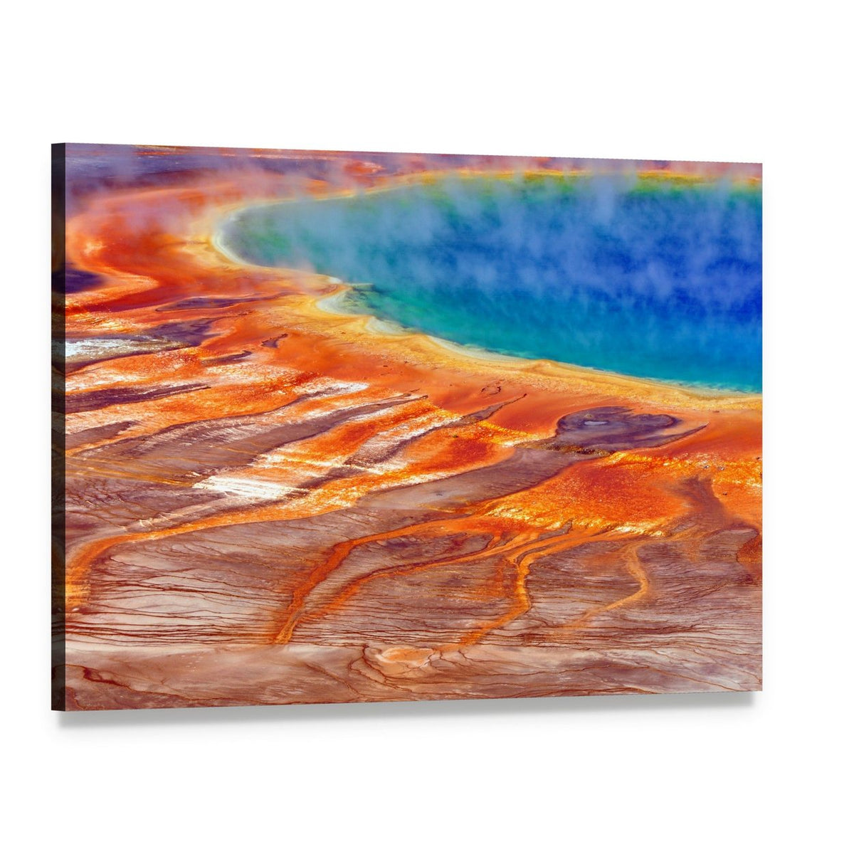 Grand Prismatic Spring Watercolor Canvas Wall Art, single panel gallery wrapped canvas, angled product view