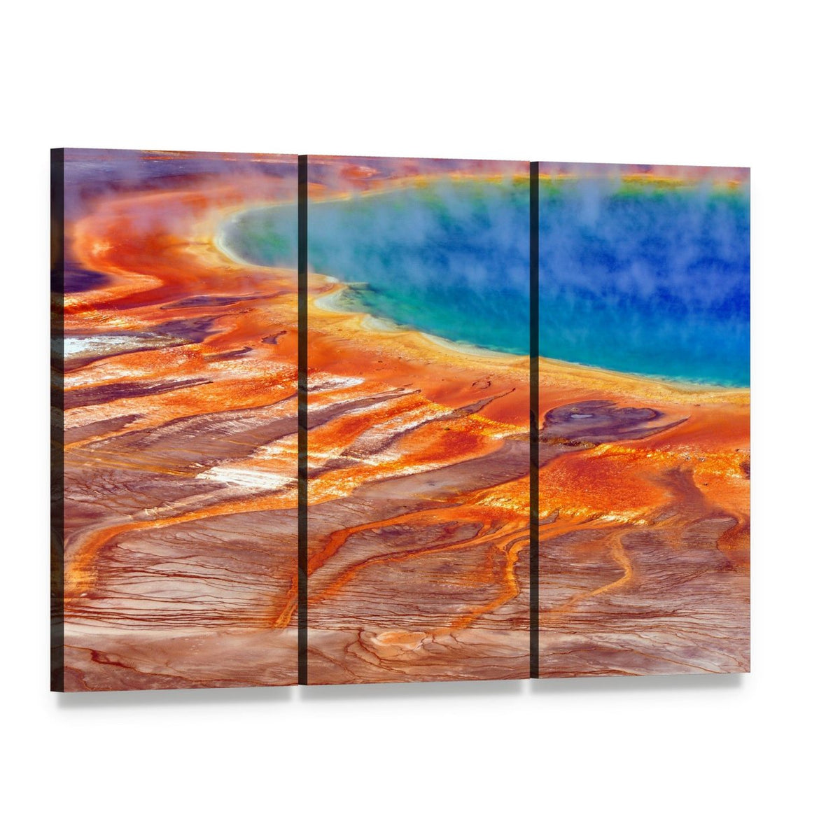 Grand Prismatic Spring Watercolor Canvas Wall Art, 3 panel 3 Horizontal layout gallery wrapped canvas set, angled product view