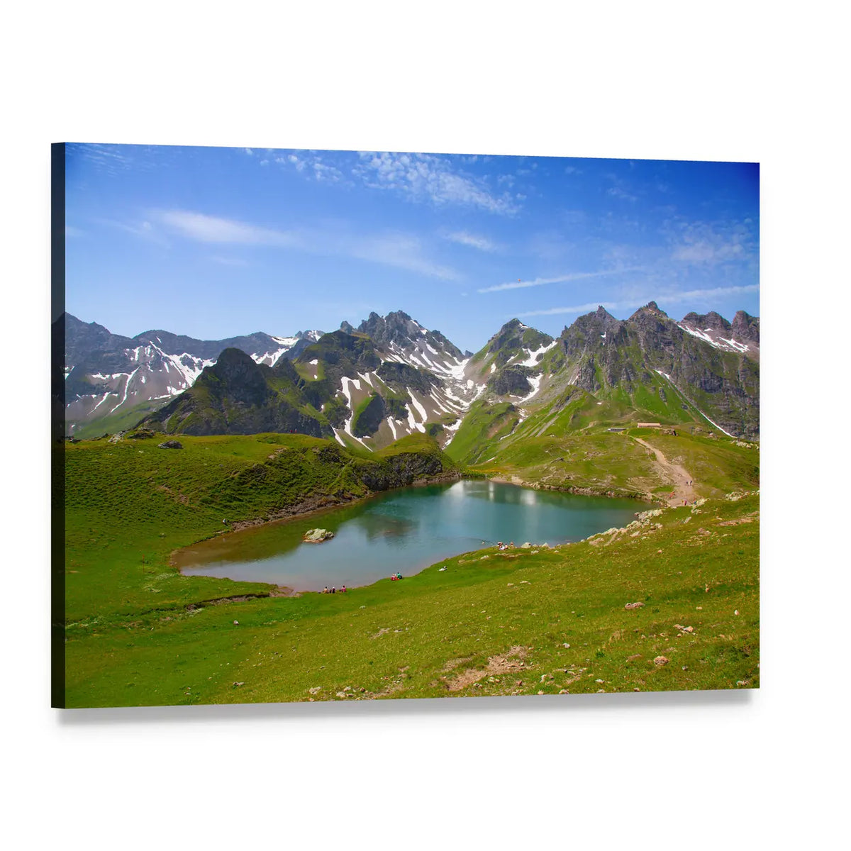 Summer Alpine Lake Landscape Canvas Wall Art, single panel gallery wrapped canvas, angled product view