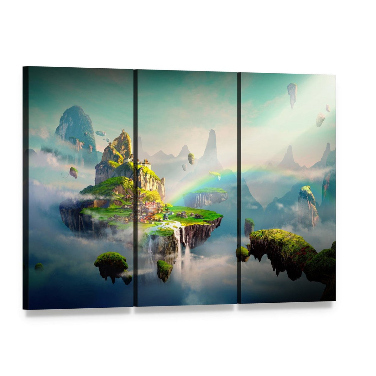Floating Island Village with Waterfall and Rainbow Canvas Wall Art, 3 panel 3 Horizontal layout gallery wrapped canvas set, angled product view