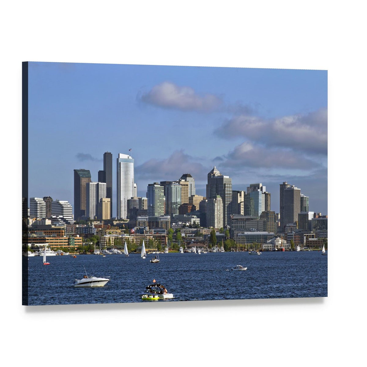 Seattle Skyline on Lake Canvas Wall Art, single panel gallery wrapped canvas, angled product view