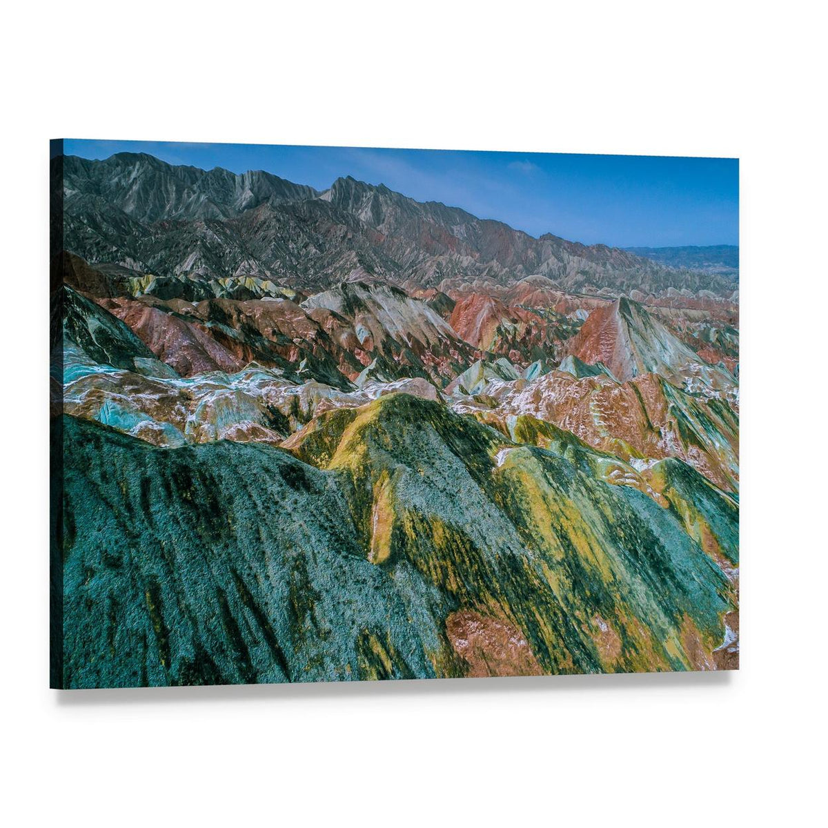 Vibrant Rainbow Mountains of Zhangye Canvas Wall Art, single panel gallery wrapped canvas, angled product view