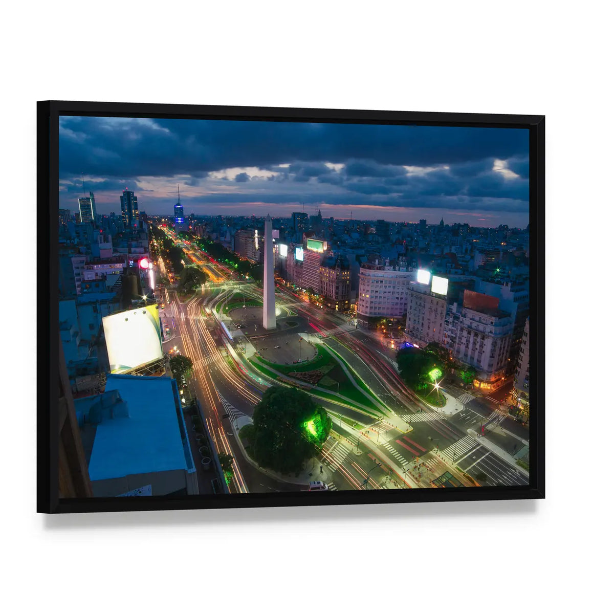 Buenos Aires Night Skyline Canvas Wall Art, framed canvas in a black floater frame, angled product view