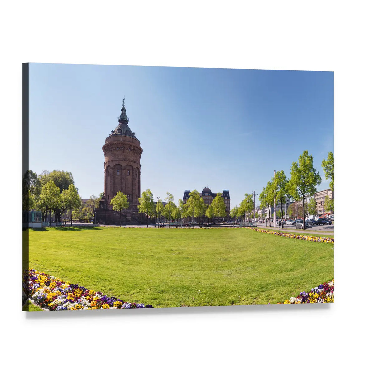 Ornate German Water Tower with Flowers Canvas Wall Art, single panel gallery wrapped canvas, angled product view