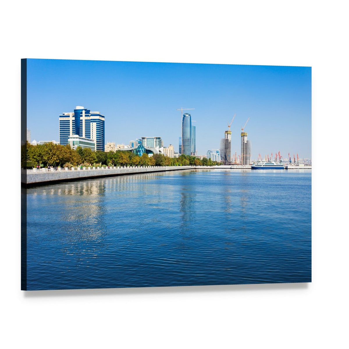 Azerbaijan Waterfront Skyline Canvas Wall Art, single panel gallery wrapped canvas, angled product view