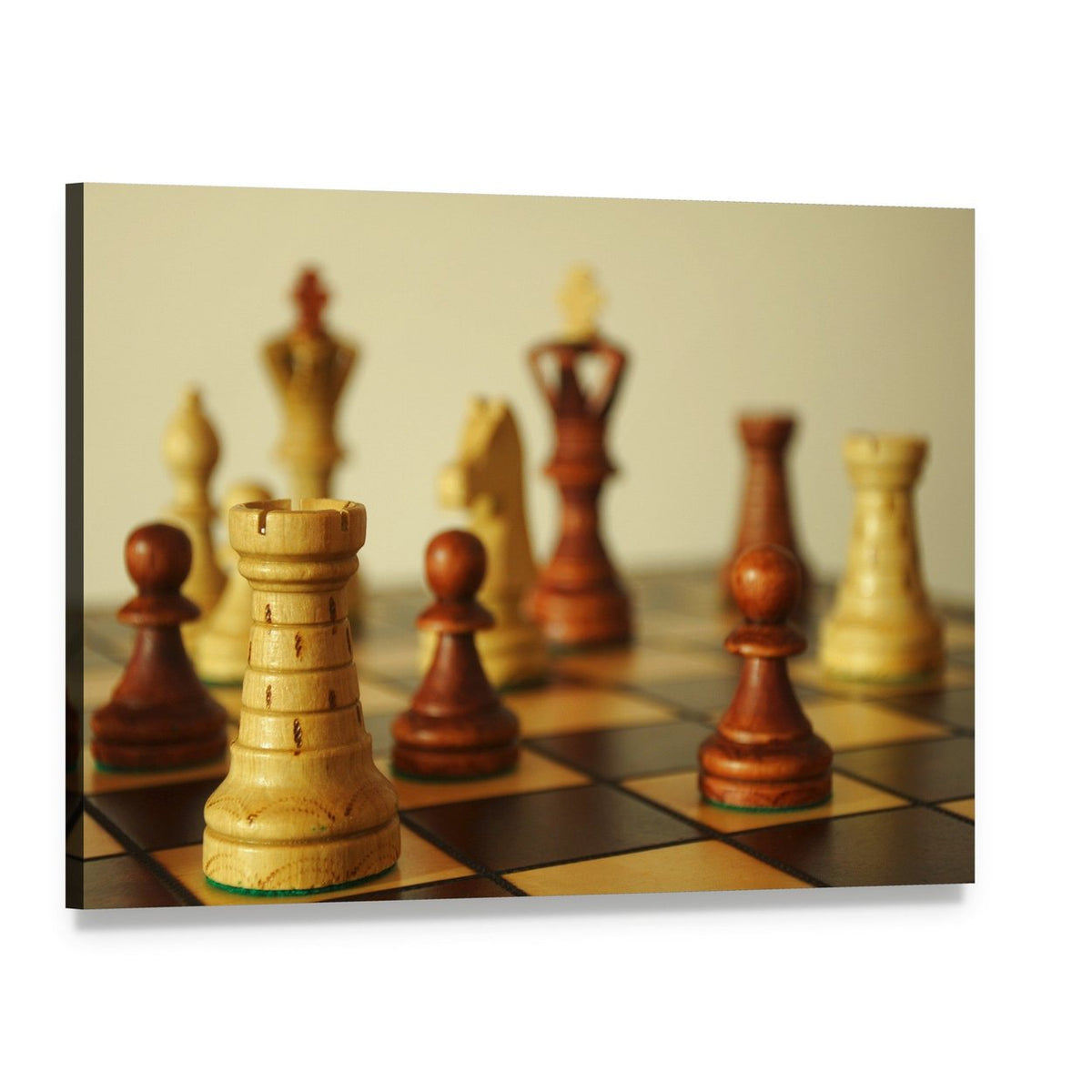 Brown Chess Pieces Canvas Wall Art, single panel gallery wrapped canvas, angled product view
