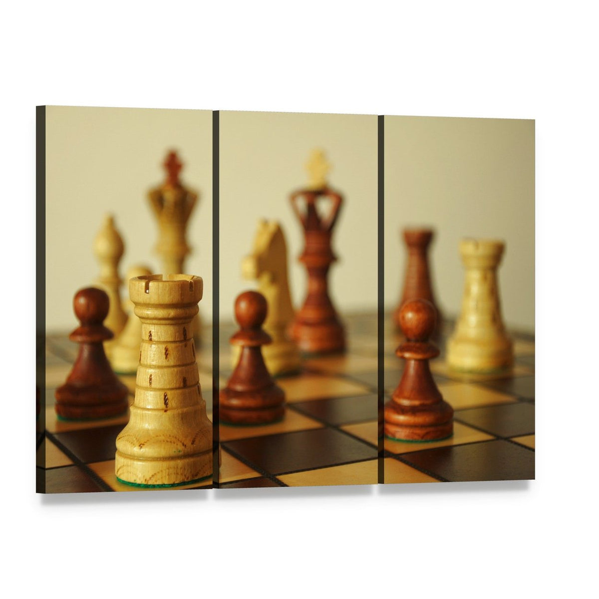 Brown Chess Pieces Canvas Wall Art, 3 panel 3 Horizontal layout gallery wrapped canvas set, angled product view