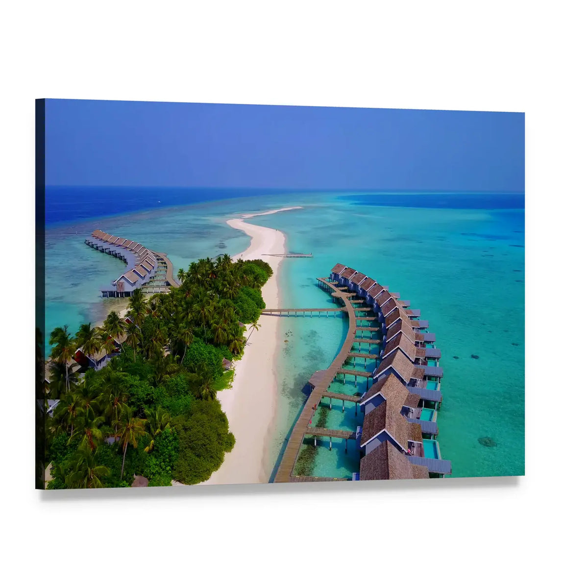Maldives Overwater Bungalows Aerial View Canvas Wall Art, single panel gallery wrapped canvas, angled product view