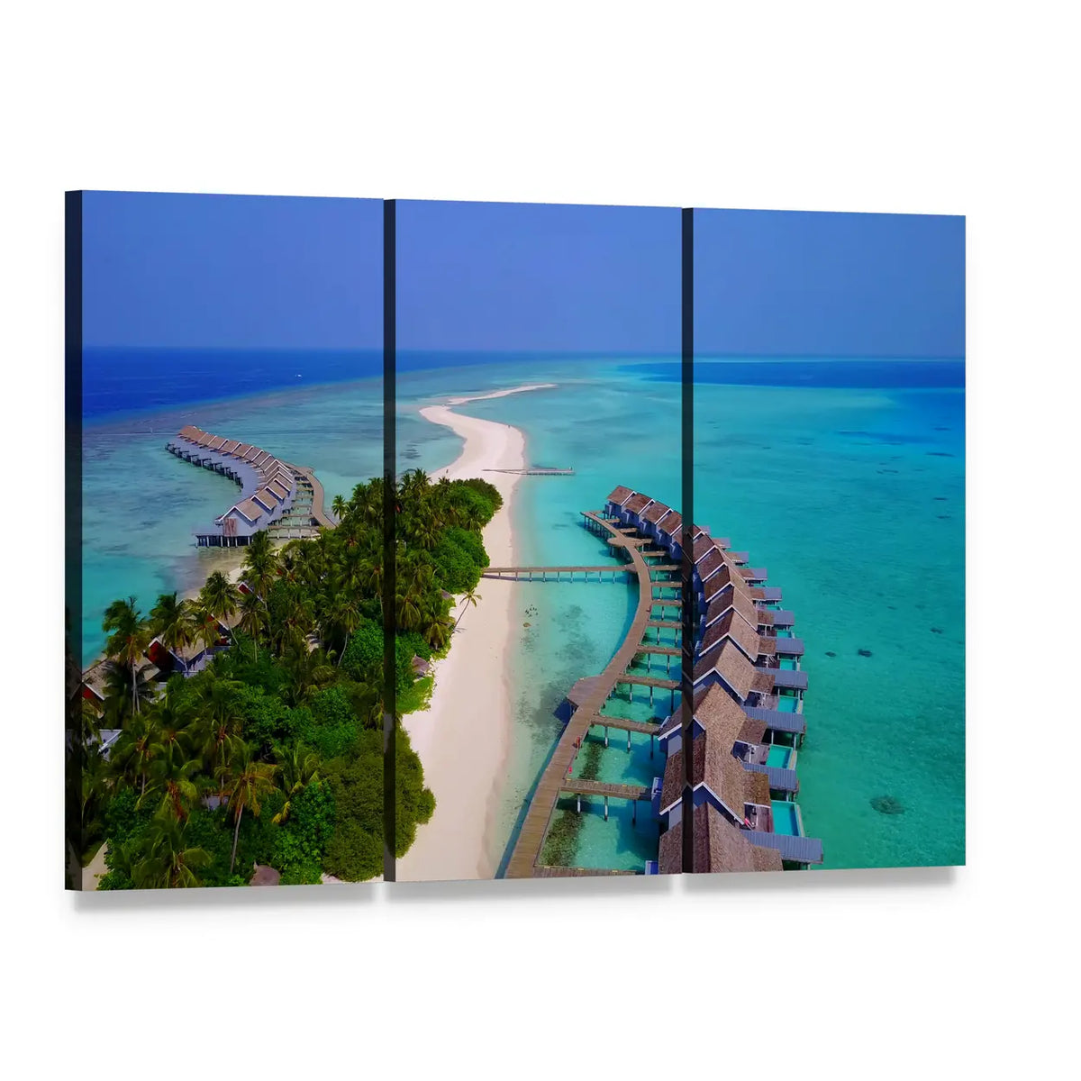 Maldives Overwater Bungalows Aerial View Canvas Wall Art, 3 panel 3 Horizontal layout gallery wrapped canvas set, angled product view