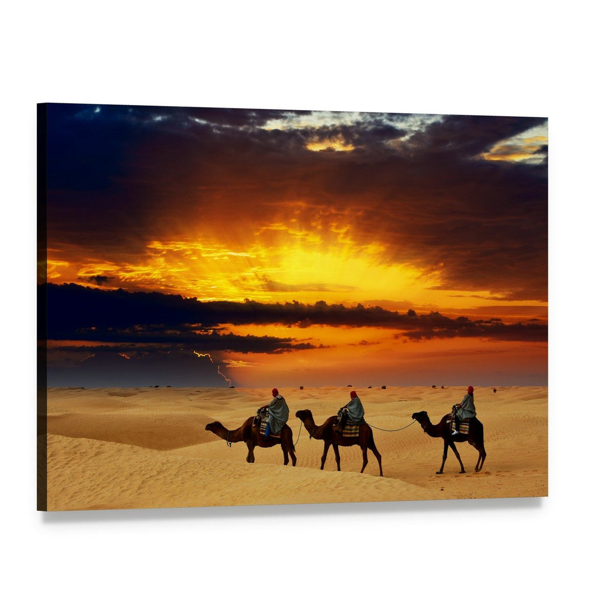 Camel Caravan at Sunset Canvas Wall Art, single panel gallery wrapped canvas, angled product view
