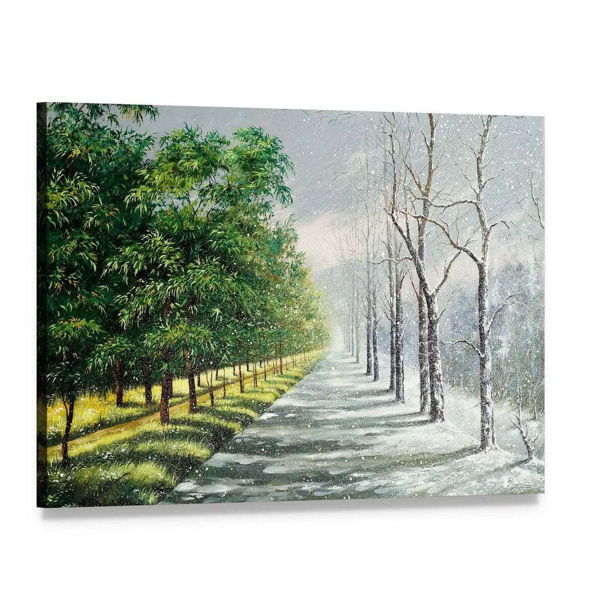 Summer to Winter Forest Path Canvas Wall Art, single panel gallery wrapped canvas, angled product view