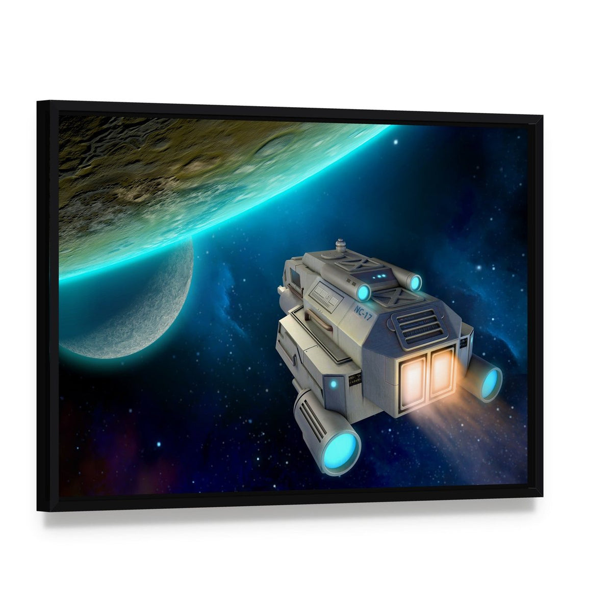 Spaceship Approaching a Planet Canvas Wall Art, framed canvas in a black floater frame, angled product view