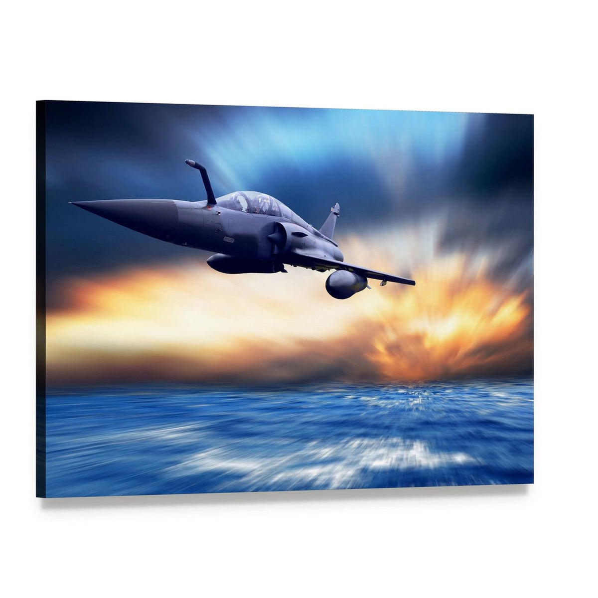 Military Fighter Jet Over Stormy Ocean Canvas Wall Art, single panel gallery wrapped canvas, angled product view