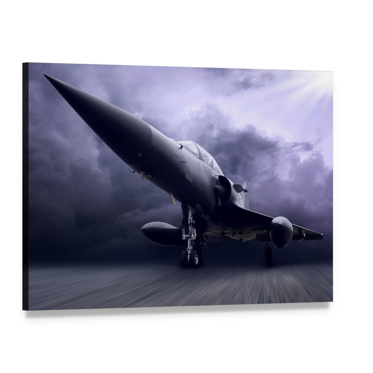 Fighter Jet Over Stormy Runway Canvas Wall Art, single panel gallery wrapped canvas, angled product view
