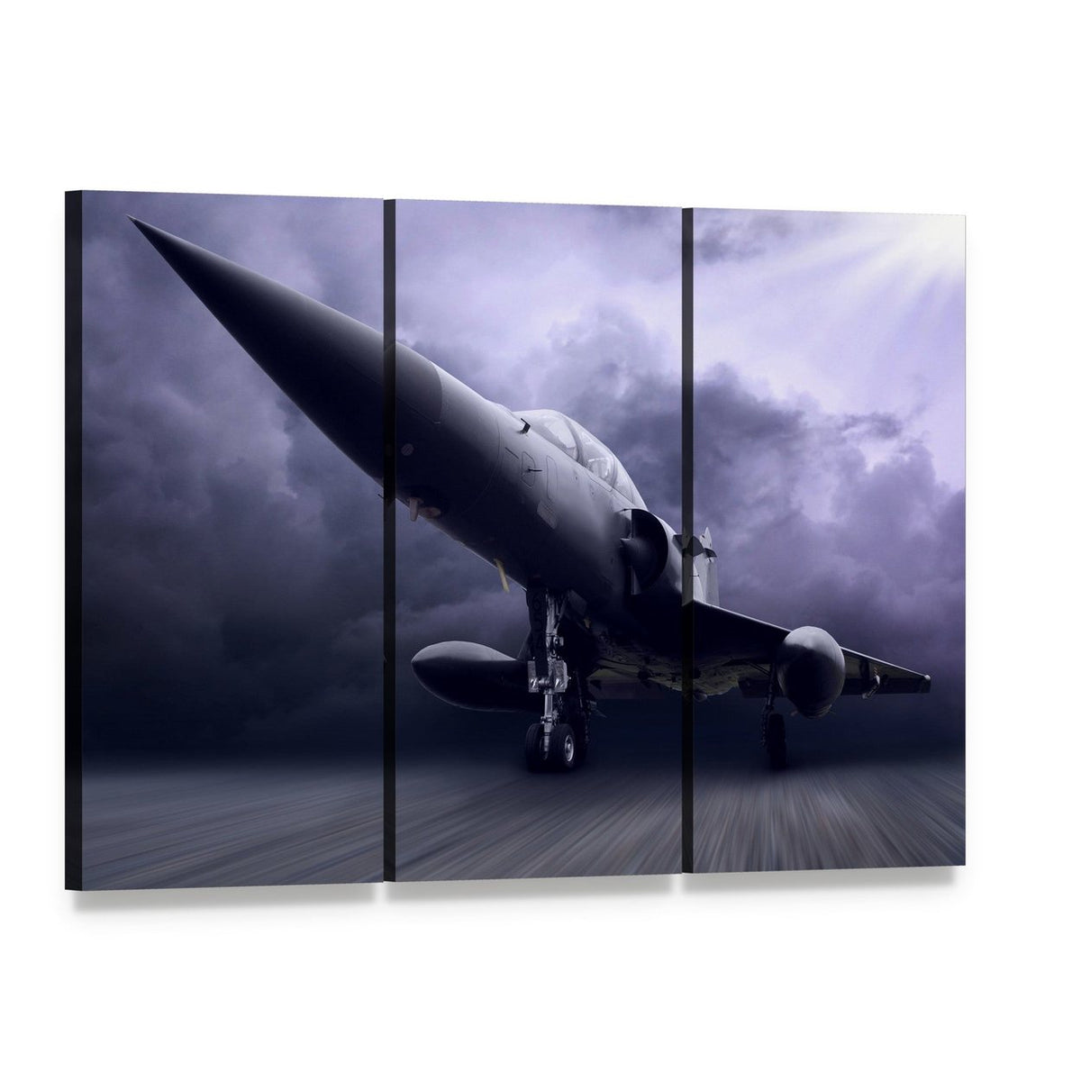 Fighter Jet Over Stormy Runway Canvas Wall Art, 3 panel 3 Horizontal layout gallery wrapped canvas set, angled product view