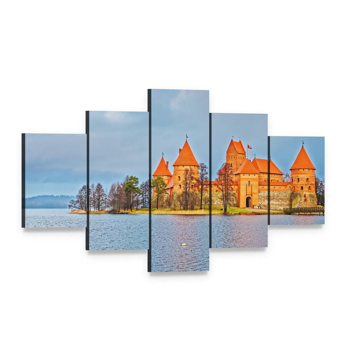 Trakai Island Castle at Galve Lake Canvas Wall Art, 5 panel 5 Star layout gallery wrapped canvas set, angled product view