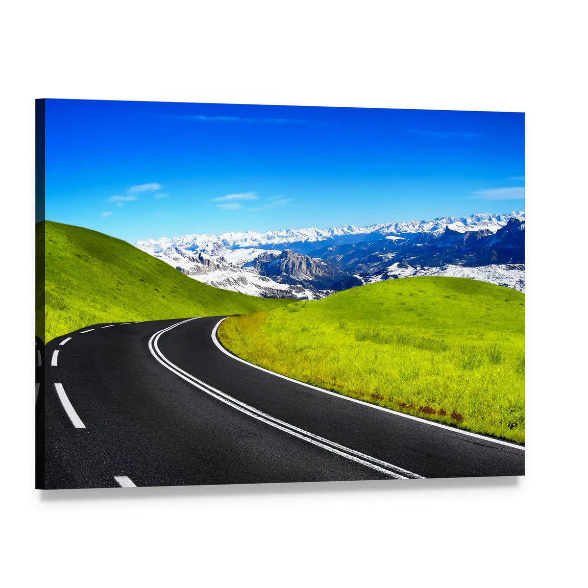 Winding Road to Snow-capped Mountains Canvas Wall Art, single panel gallery wrapped canvas, angled product view
