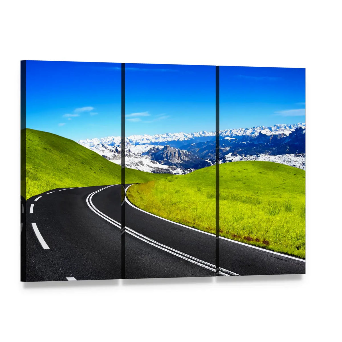 Road to Snow-capped Mountains Canvas Wall Art, 3 panel 3 Horizontal layout gallery wrapped canvas set, angled product view