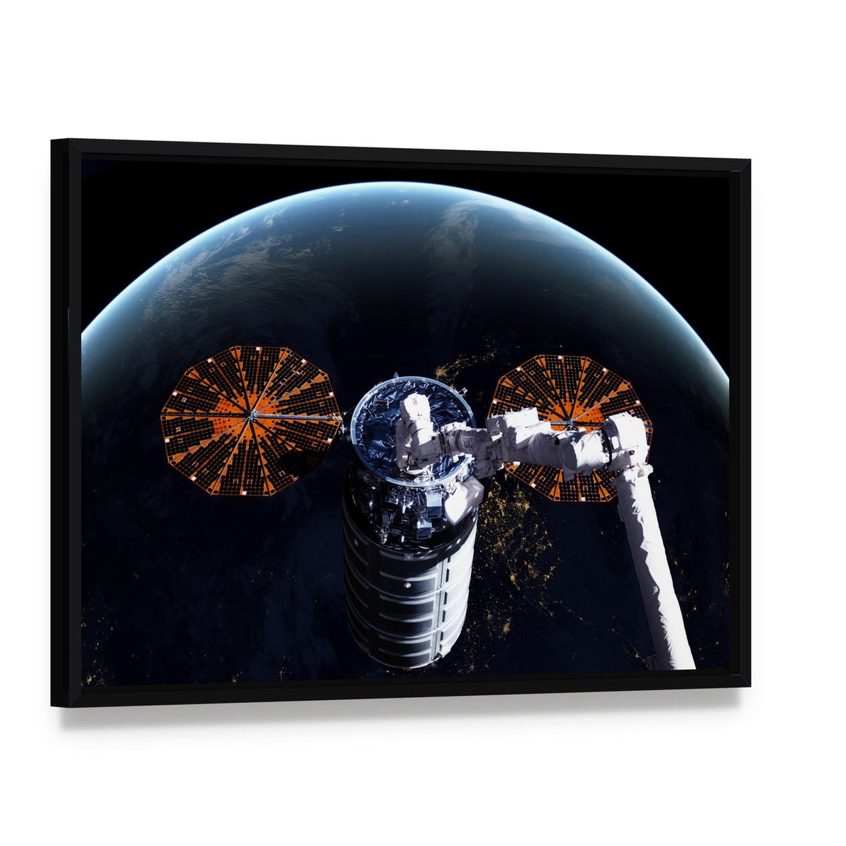 Cygnus Spacecraft Above Earth Canvas Wall Art, framed canvas in a black floater frame, angled product view
