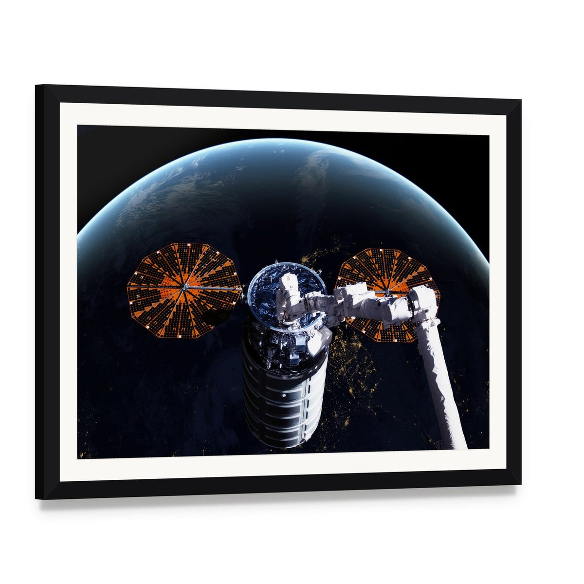 Cygnus Spacecraft Above Earth Canvas Wall Art, framed print with white mat and black frame, angled product view
