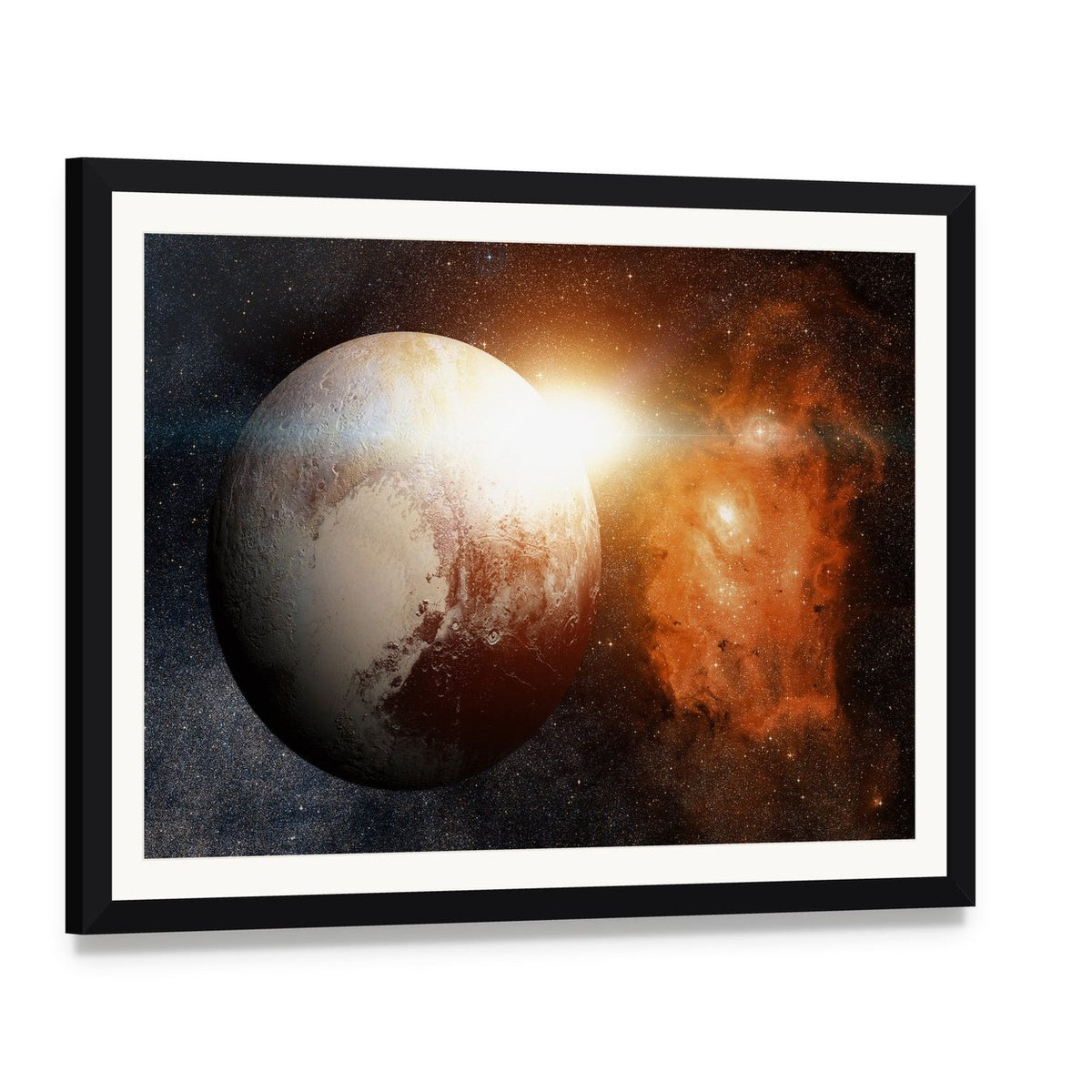 Planet Pluto Canvas Wall Art, framed print with white mat and black frame, angled product view