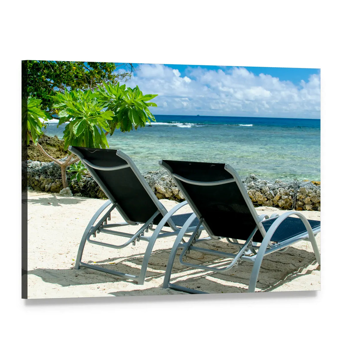 Bora Bora Beach with Two Lounge Chairs Canvas Wall Art, single panel gallery wrapped canvas, angled product view