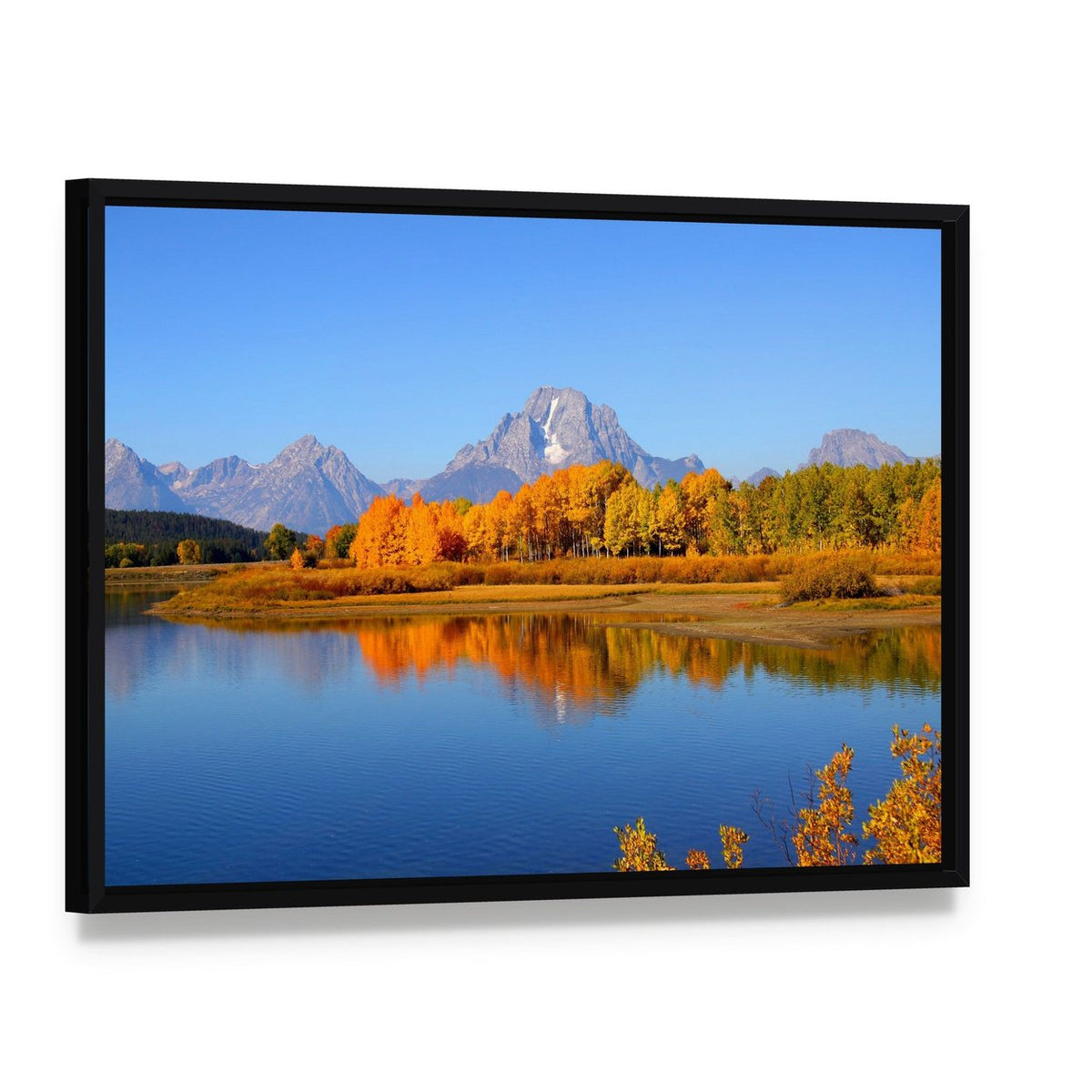 Snow-capped Mountains with Autumn Lake Reflection Canvas Wall Art, framed canvas in a black floater frame, angled product view