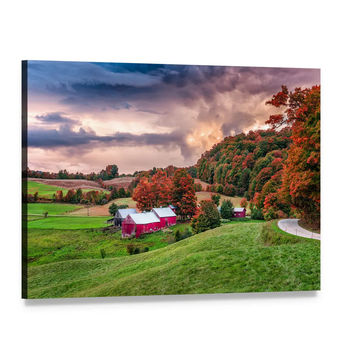 Autumn Farmhouse with Two Red Barns Canvas Wall Art, single panel gallery wrapped canvas, angled product view