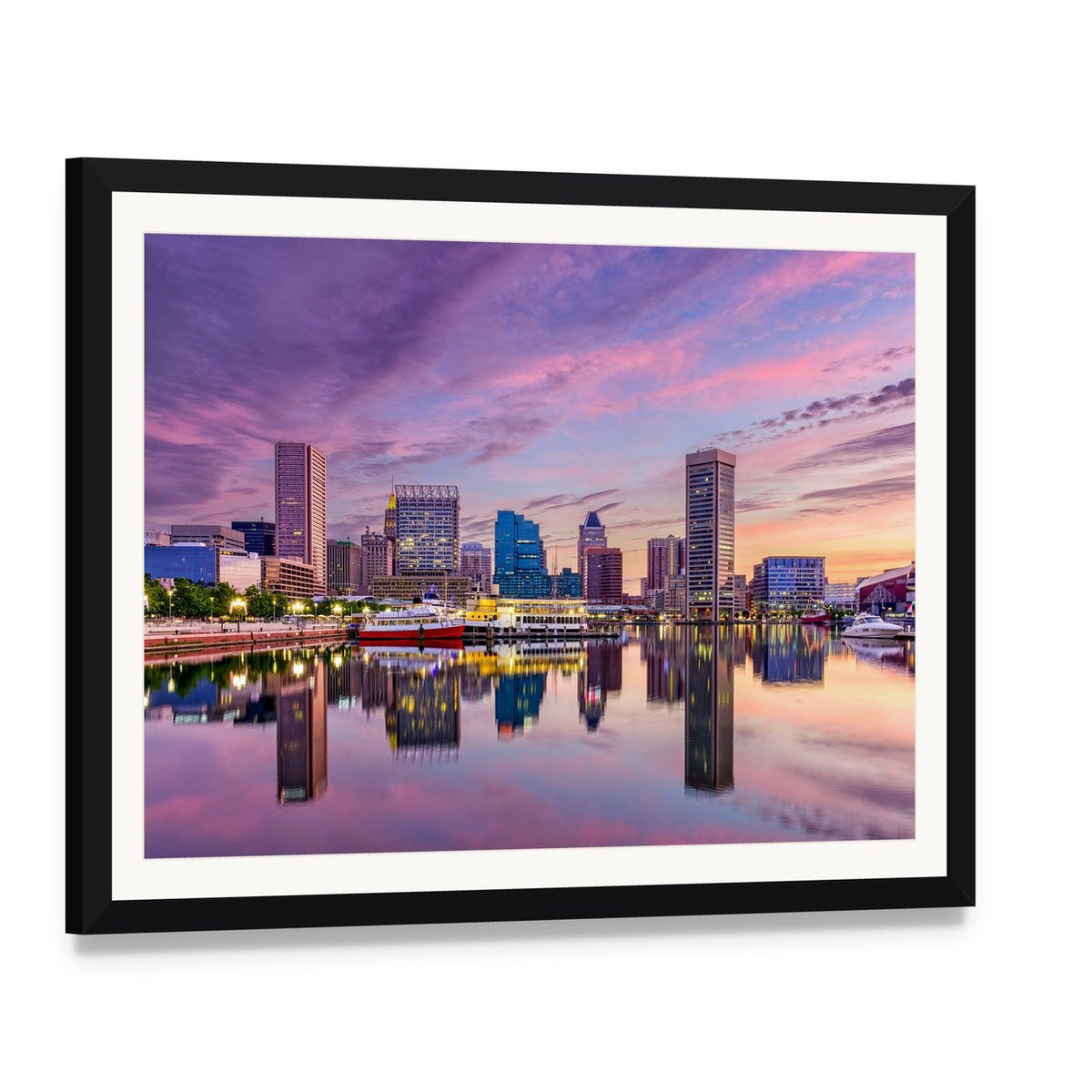 Maryland Waterfront Skyline at Dusk Canvas Wall Art, framed print with white mat and black frame, angled product view